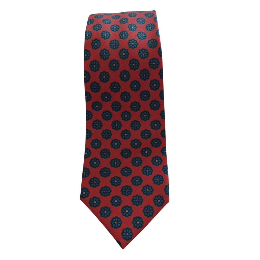 Burberrys Silk Tie Red Blue Floral Pattern Made in England Mens